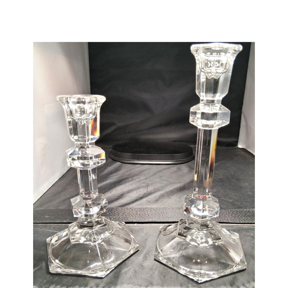 Vintage Crystal Hexagonal Candlestick Holders Set of 2 Clear Glass Taper Stands
